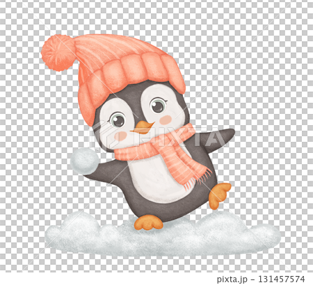 Penguin in red hat and scarf playing snowballs. Cute animal isolated on white background. Childish watercolor winter illustration. 131457574