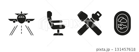 Airplane Travel Essentials Solid Icon Set. Aviation, Passenger Comfort, And In-Flight Safety Silhouette Symbol Collection. Aircraft, Seat, Seatbelt, And Window View. Isolated Vector Illustration 131457618