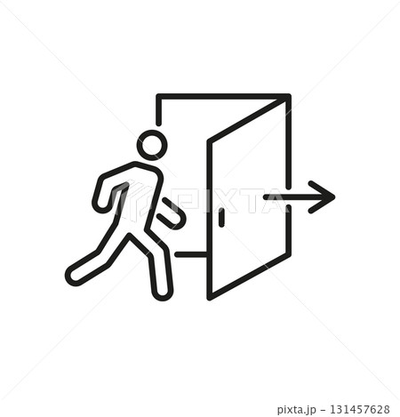 Person Exiting Through Door Line Icon. Emergency Exit, Evacuation Route, And Safety Signage Outline Symbol. Directional Guidance For Safe Egress. Editable Stroke. Isolated Vector Illustration 131457628