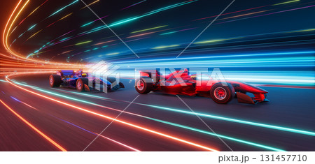 3d rendering racing cars racing on futuristic illuminated track at night 131457710