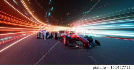 3d rendering racing cars speeding on futuristic track with light trails 3d rendering racing cars speeding on futuristic track with light trails 131457711