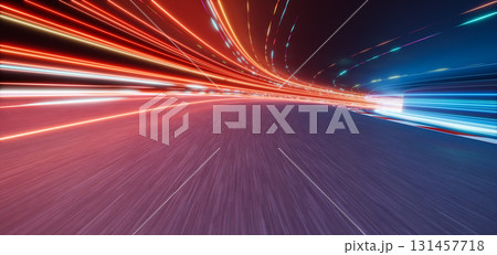 3d rendering fast speed lights trails racing on highway at night 131457718