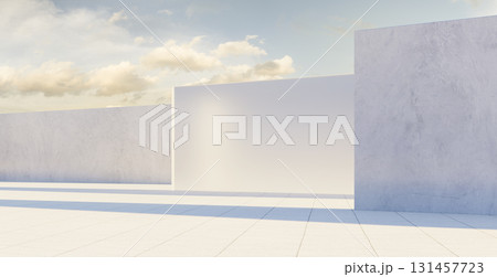 3d rendering white concrete walls surrounding empty space under cloudy sky 131457723