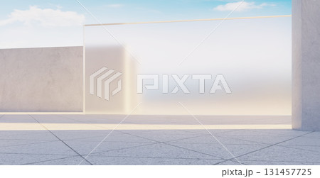 3d rendering modern minimalist building exterior with frosted glass and concrete walls under blue sky 131457725