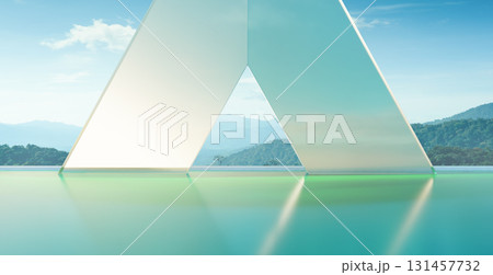 3d rendering modern glass architecture framing breathtaking mountain view 131457732