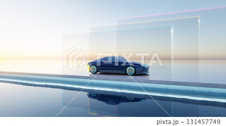 3d rendering futuristic car parked by infinity pool reflecting vibrant sunset through glass walls 131457749
