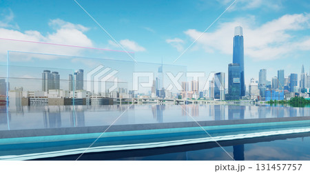 3d rendering infinity pool overlooking vibrant cityscape with glass wall and cement floor 131457757