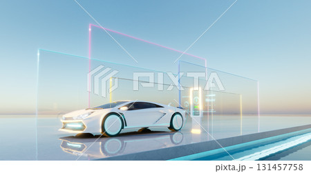 3d rendering futuristic electric car charging at futuristic station by the lake at sunset 131457758