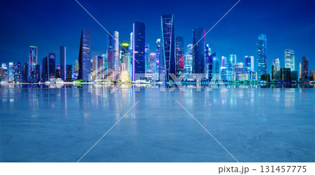 3d rendering city skyline reflecting modern buildings and colorful lights at night 131457775