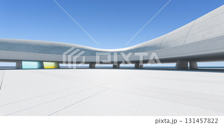 3d rendering futuristic concrete building overlooking tranquil ocean under clear sky 131457822