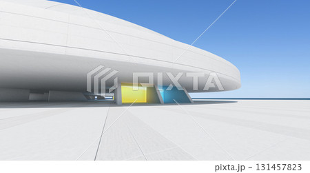 3d rendering modern white concrete building with colorful windows overlooking the sea 3d rendering modern white concrete building with colorful windows overlooking the sea 131457823