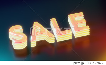 3d renndering glassy pink and yellow layered sale sign shining on reflective surface 131457827