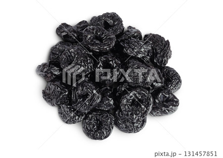 Prunes isolated on white background, heap of dried plums. Top view. Flat lay 131457851