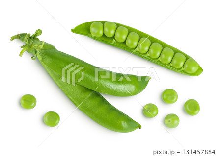 Fresh green pea pod with beans isolated on white background. Top view. Flat lay 131457884