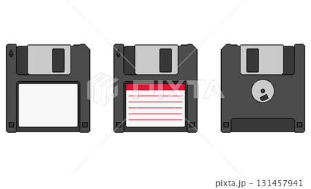 Pixel art floppy disks showing front and back sides. Set of isolated diskettes. Retro data storage vector illustration. 131457941