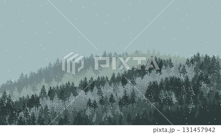 Pixel art snowy forest landscape with falling snow. Winter vector illustration. Pixel art snowy forest landscape with falling snow. Winter vector illustration. 131457942