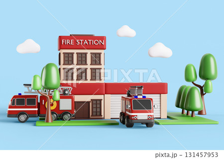 Fire station building with garage and red fire trucks. Cartoon summer 3d landscape with city fire department. Office of extinguisher service with gate and emergency rescue engines. 3D illustration Fire station building with garage and red fire trucks. Cartoon summer 3d landscape with city fire department. Office of extinguisher service with gate and emergency rescue engines. 3D illustration 131457953