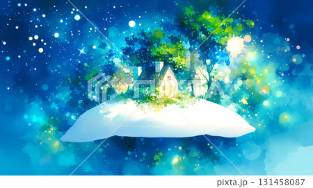 メルヘンチックな星空を背景に白い枕の上の草原と家のイラスト 131458087