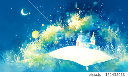 メルヘンチックな星空を背景に白い枕の上の草原と家のイラスト メルヘンチックな星空を背景に白い枕の上の草原と家のイラスト 131458088
