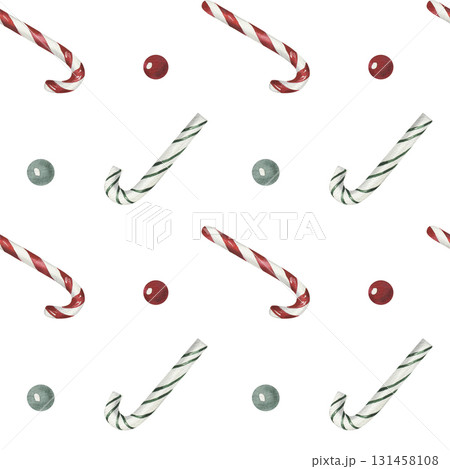 Merry Christmas Happy New Year seamless watercolor pattern with candy cane, candle Merry Christmas Happy New Year seamless watercolor pattern with candy cane, candle 131458108