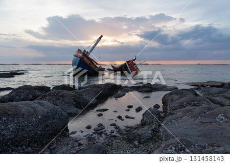 Old wrecked fishing boat on coast of Ang Sila Village, Chonburi Province of thailand. 131458143