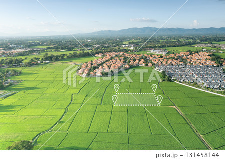 Land plot in aerial view and concept of real estate or property. Land plot in aerial view and concept of real estate or property. 131458144