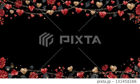 赤い宝石とハートのガーランドが輝くロマンチックな飾り枠 131458166