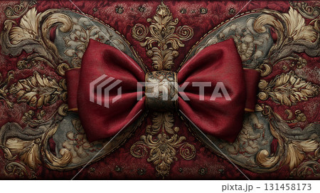 深紅のベルベット生地に装飾的なリボンが豪華な背景 131458173