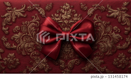 深紅のベルベット生地に赤色のシンプルなリボンが映える背景 131458174