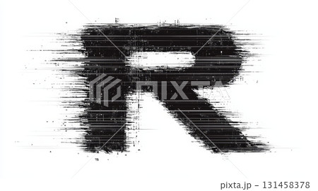 Glitch art showcases a bold letter R, embodying a serious hacker vibe with unique thin font dynamics and textures 131458378