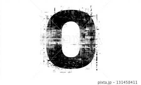 A bold letter O in a glitchy hacker font features a thin design that conveys modern digital aesthetics against a stark white backdrop 131458411