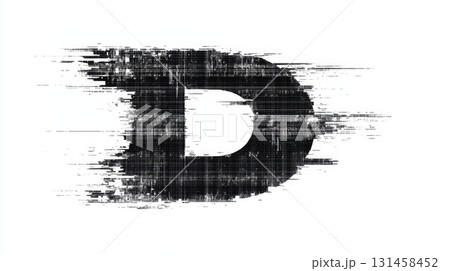A serious hacker themed letter D is depicted in a thin, glitchy font showcasing distortion effects on a clean white background 131458452