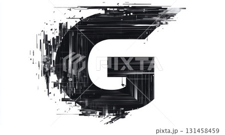 Glitchy representation of the letter G in a thin hacker font highlights digital distortion elements against a clean white background 131458459