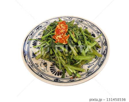 Stir fried water spinach with chili garlic sauce traditional Vietnamese vegetable dish 131458536