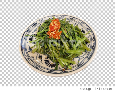 Stir fried water spinach with chili garlic sauce traditional Vietnamese vegetable dish 131458536