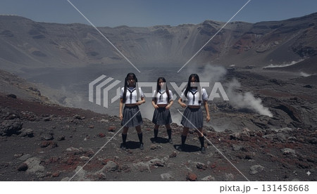 富士山を背景にセーラー服姿のアジア人女性3人がポーズを決めるシンクロ写真 131458668