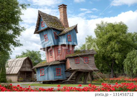 Surreal structure with stacked houses stands amidst a lush garden filled with flowers, creating a whimsical scene in clear daylight 131458712