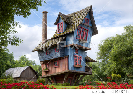A brightly colored, leaning house stands among lush greenery and blooming flowers under a clear blue sky, showcasing surreal design 131458713