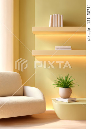 Bright and inviting podcast studio background featuring pastel colors, a comfy seating area, and stylish shelves with plants 131458714