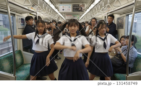 山手線を背景にセーラー服姿のアジア人女性3人がポーズを決めるシンクロ写真 131458749
