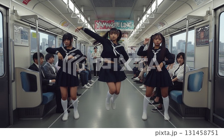 山手線を背景にセーラー服姿のアジア人女性3人がポーズを決めるシンクロ写真 131458751