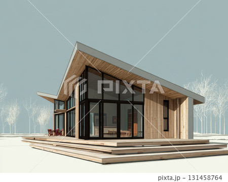 Modern wooden building features wide windows and a striking roof, set in a peaceful area with bare trees in the background Modern wooden building features wide windows and a striking roof, set in a peaceful area with bare trees in the background 131458764
