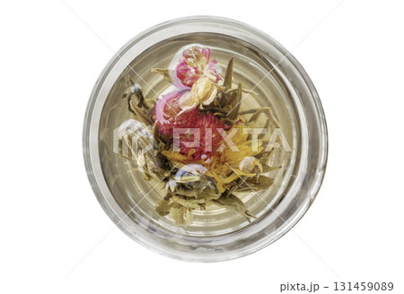 Blooming tea (also known as Flowering tea or Artistic tea) isolated on white background with clipping path. 131459089