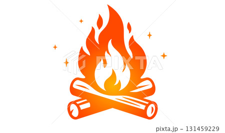 Fire, flame, bonfire. Flame fire icon, abstract style on white background. Flat burn fire symbol, bonfire sign, flame campfire emoji. Camping fireball minimal graphic style. Illustration 131459229