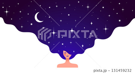 Dream universe flows through woman figure, girl with cosmic night sky in hair. Woman dream vision shines, girl in flat style, universe dream surrounds woman girl cosmos. Vector Illustration Dream universe flows through woman figure, girl with cosmic night sky in hair. Woman dream vision shines, girl in flat style, universe dream surrounds woman girl cosmos. Vector Illustration 131459232