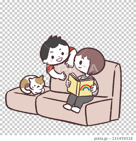 Illustration of children and cats relaxing on the sofa 131459318