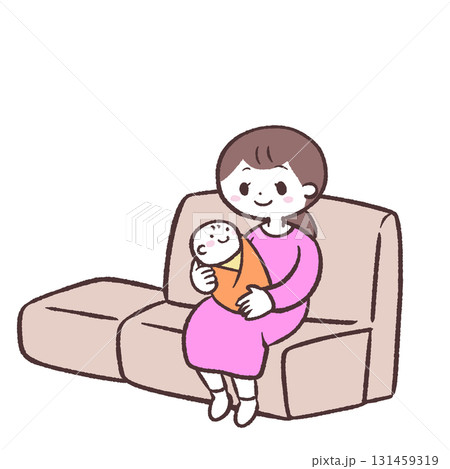 ソファーに座る赤ちゃんとお母さんのイラスト 131459319