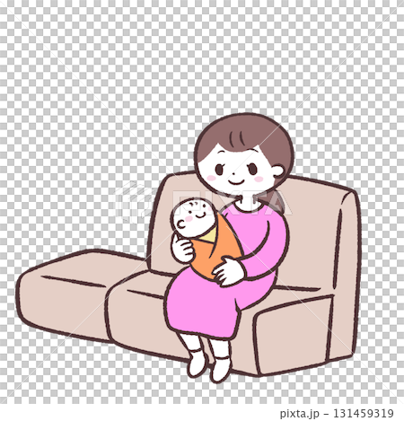 ソファーに座る赤ちゃんとお母さんのイラスト 131459319