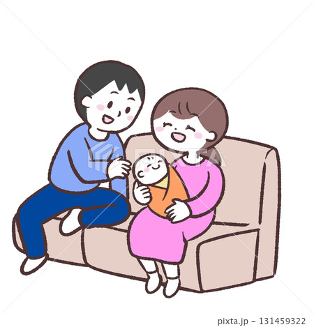赤ちゃんを抱いてソファーに座る夫婦のイラスト 131459322