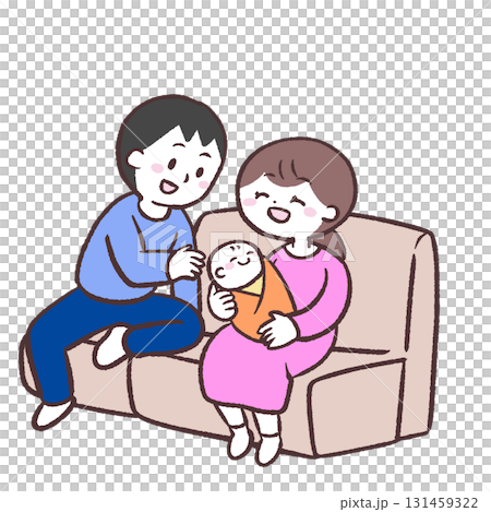 赤ちゃんを抱いてソファーに座る夫婦のイラスト 131459322